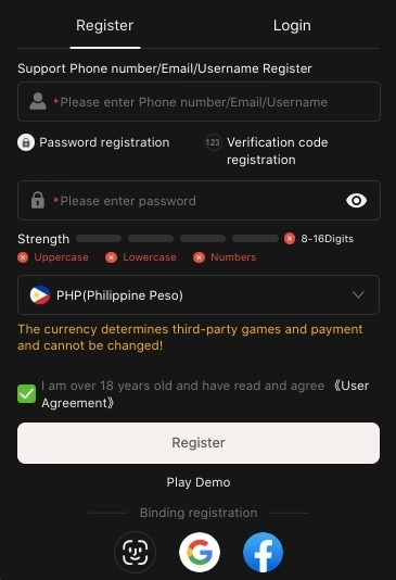 PHI999 register form interface – secure login and online casino access
